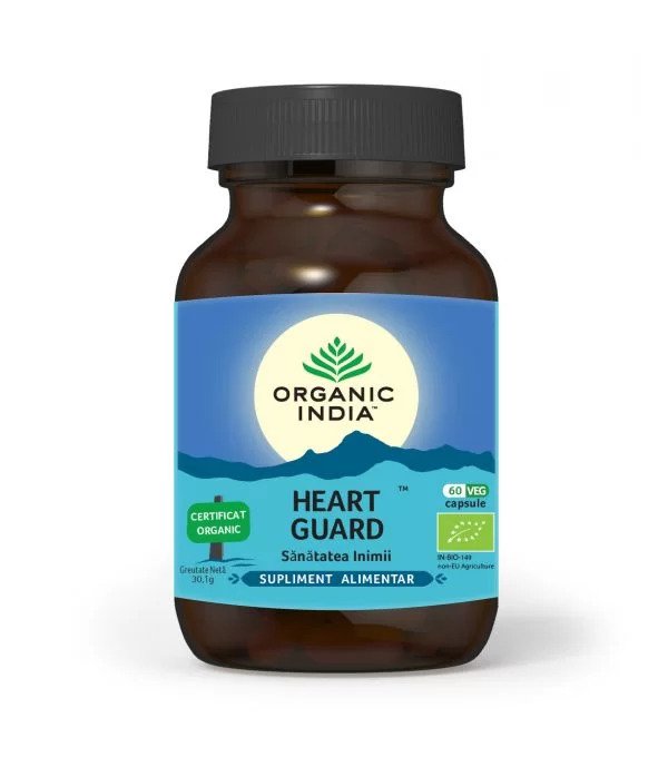 Supliment Organic India Heart Guard, 60 capsule, flacon maro, etichetă albastră.