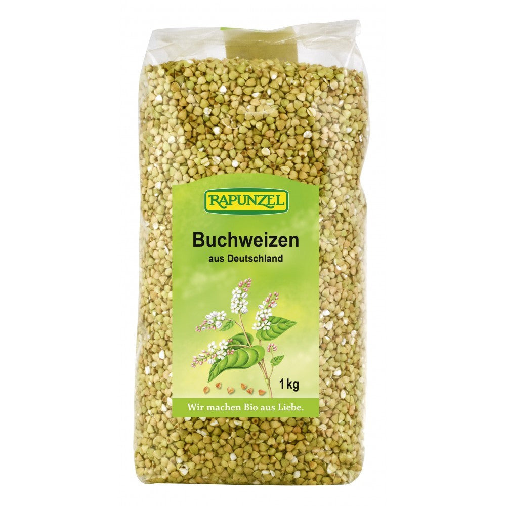 Hrișcă ecologică Rapunzel 1kg în ambalaj transparent cu etichetă verde și ilustrație florală.