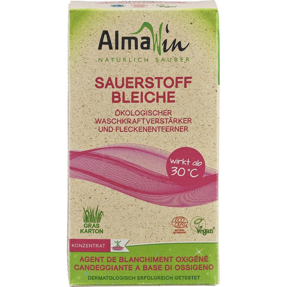 Înălbitor rufe 400g AlmaWin, cutie carton verde-roșie, text ecologic și vegan.