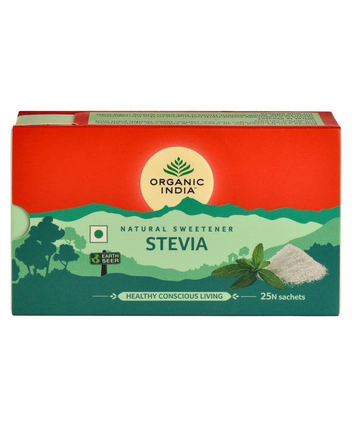 Indulcitor natural stevie hipocaloric Organic India, cutie roșu-verde, 25 plicuri.