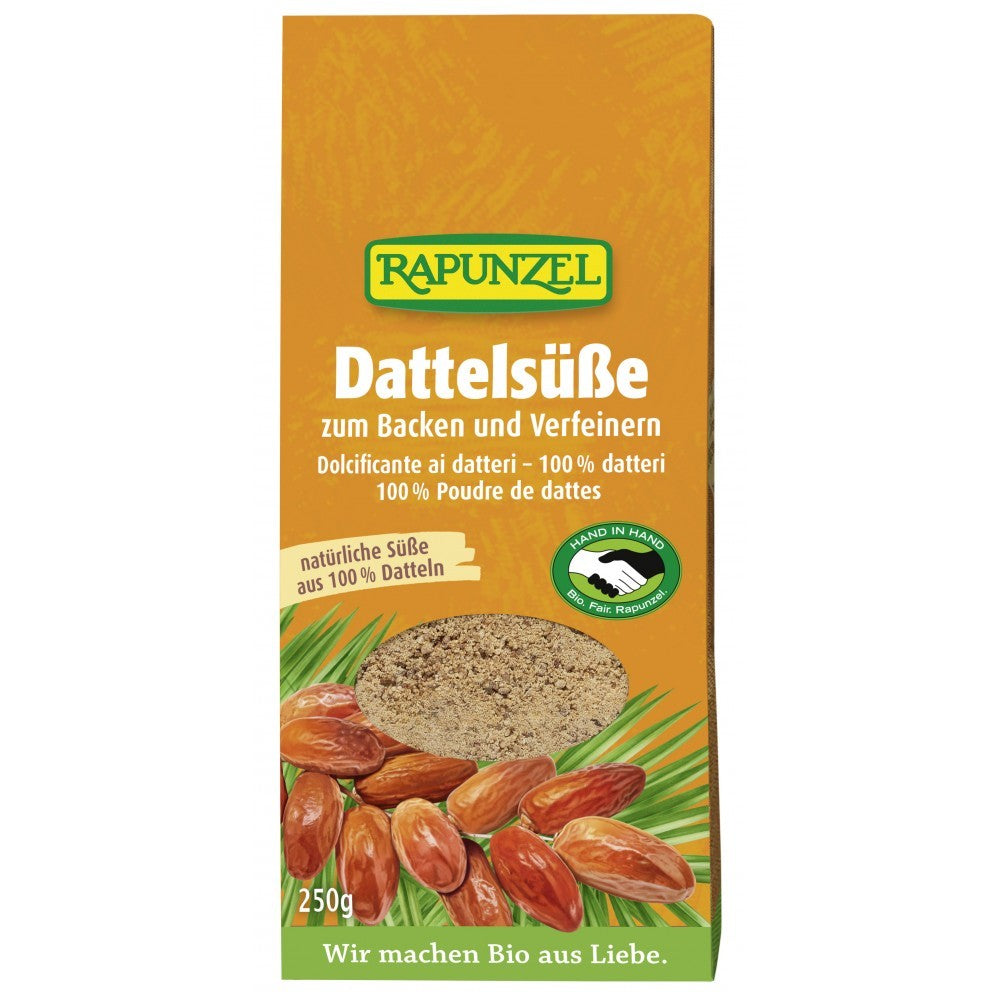 Indulcitor pudra bio din curmale 250g Rapunzel, ambalaj maro și curmale ilustrate.