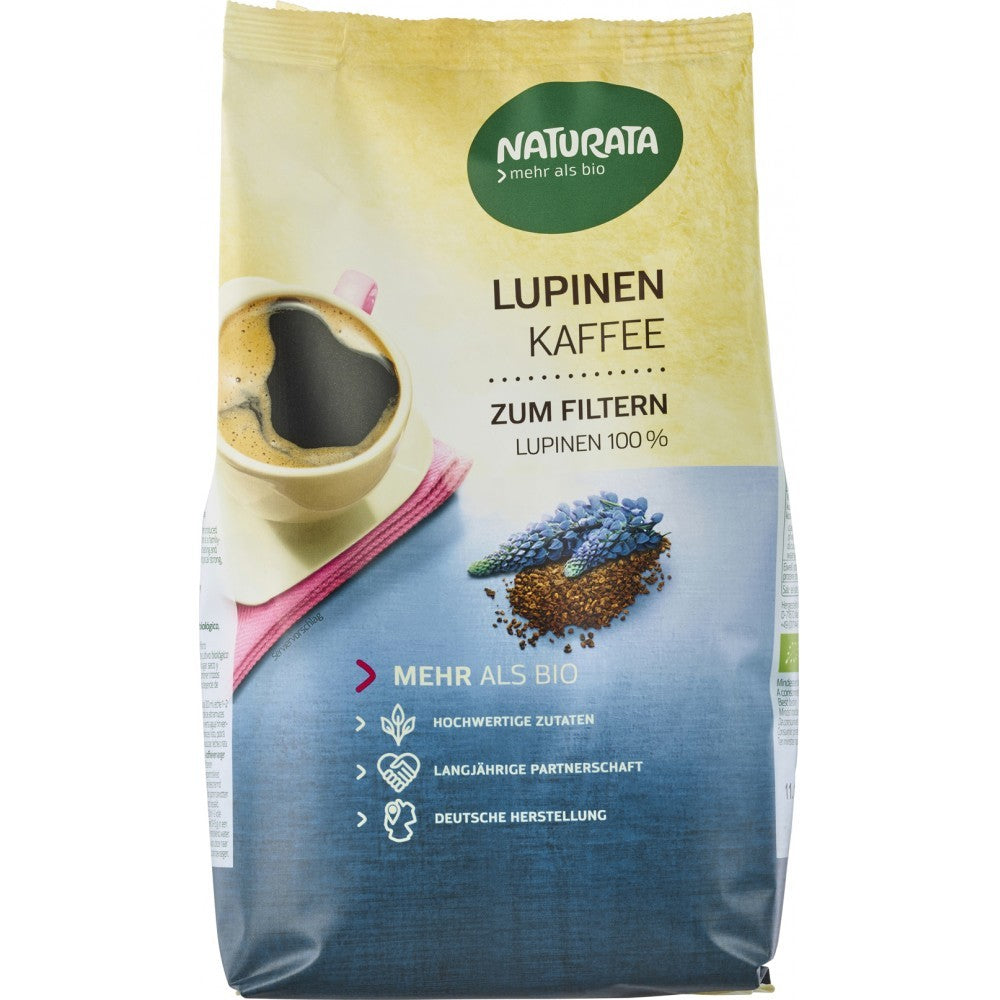 Inlocuitor de cafea din lupin Naturata 500g fără cofeină, ambalaj galben-albastru, imagine ceașcă și boabe.