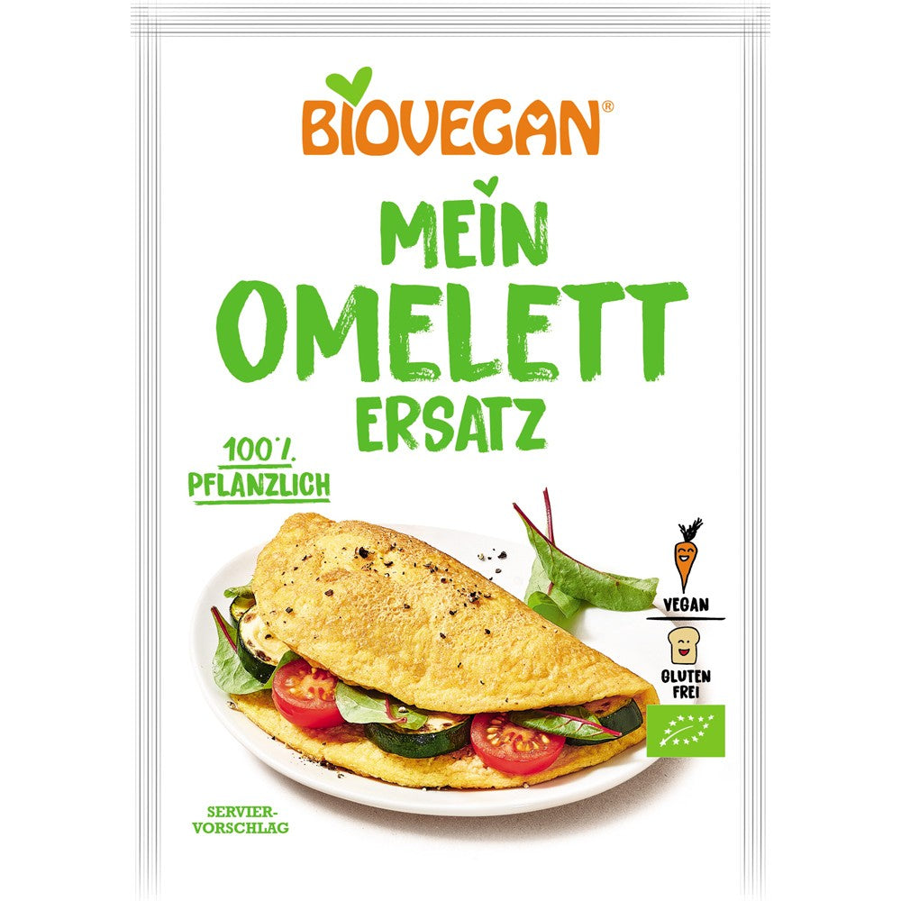 Înlocuitor vegan omletă fără gluten Biovegan, pachet 43g, grafică colorată.