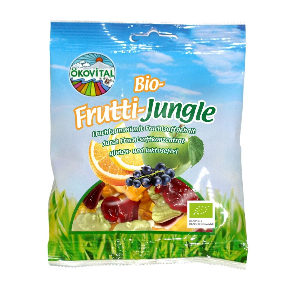 Pungă jeleuri animalute fără lactoză și gluten 80g Okovital, fructe diverse, ambalaj colorat.