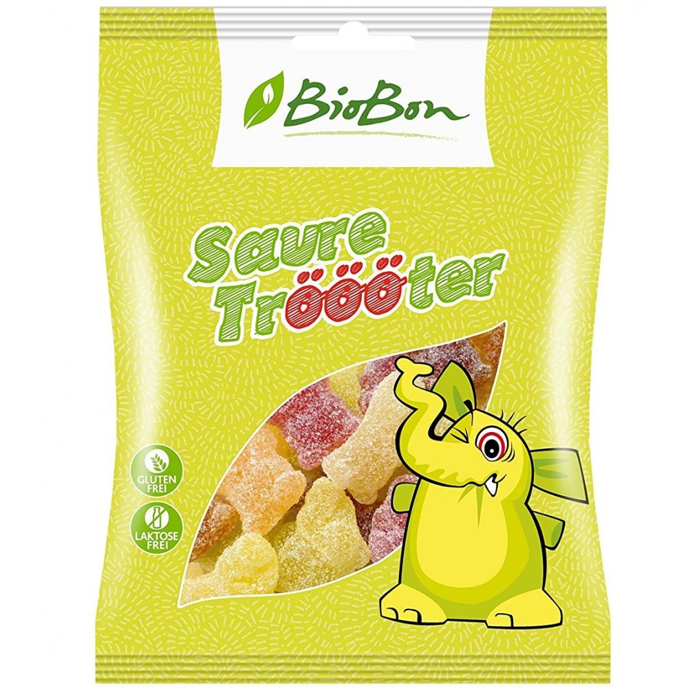 Jeleuri bio acrisoare BioBon, diverse culori, 100g, ambalaj verde cu elefant desenat.