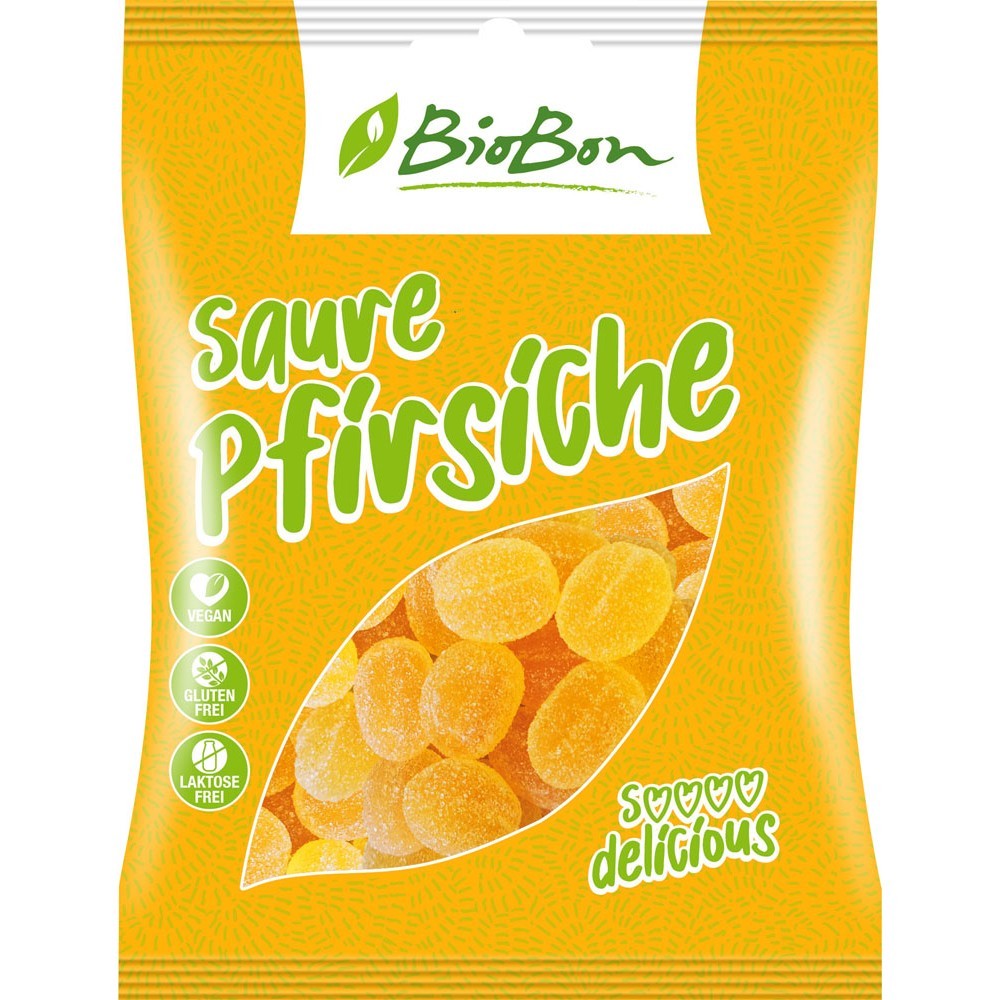 Jeleuri bio piersici acrișoare fără gluten, 100g, ambalaj portocaliu BioBon.