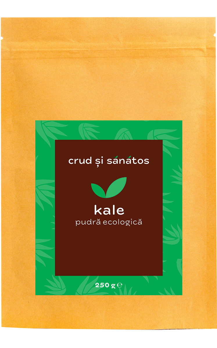 Pungă maro din hârtie, 250g, etichetă verde și maro Kale pudră bio.
