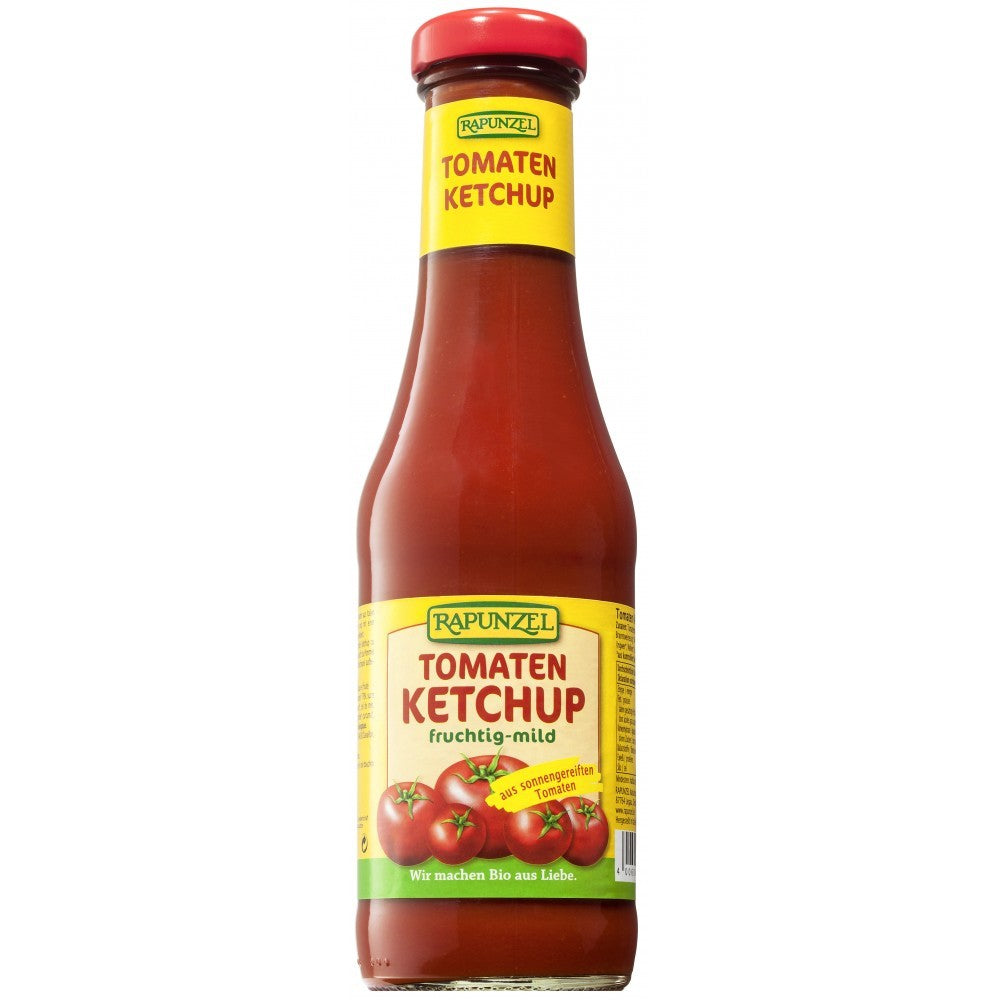 Ketchup bio Rapunzel 450ml cu roșii din Italia, etichetă galbenă și capac roșu.