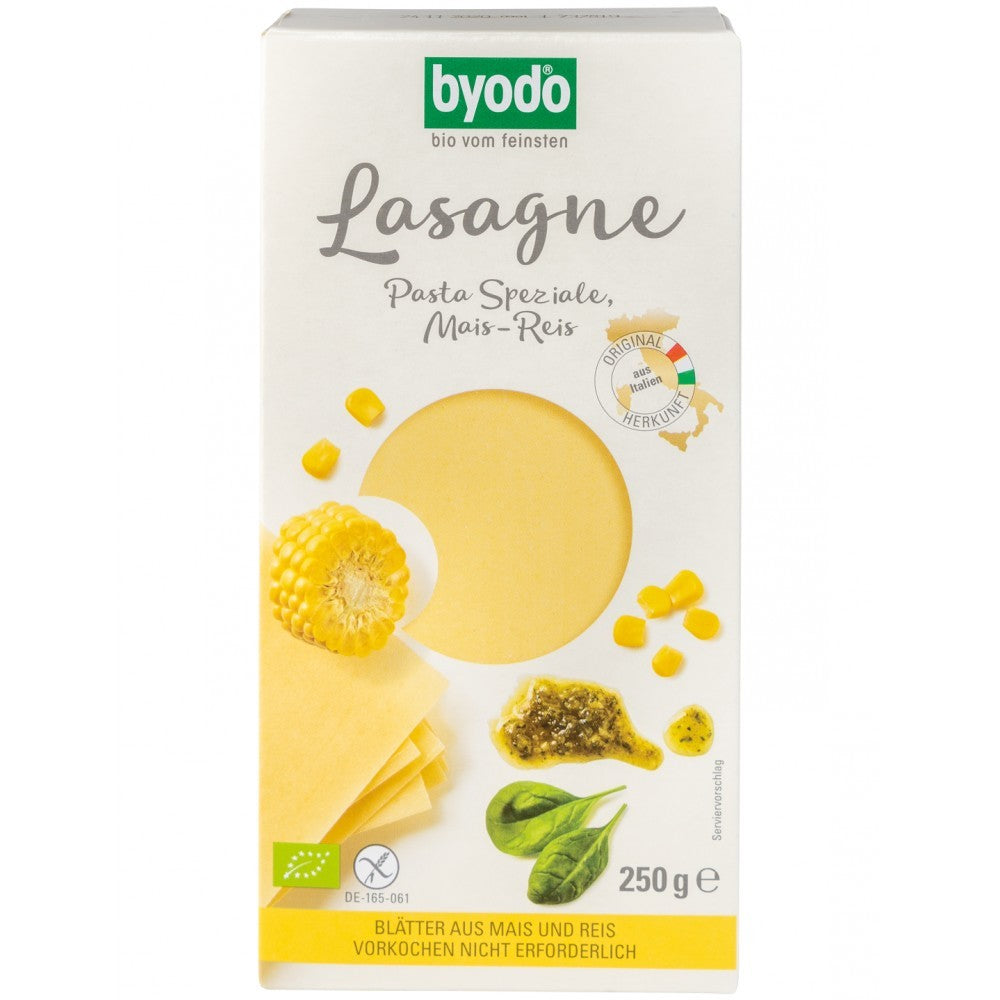 Lasagna fără gluten Byodo, ingrediente naturale, porumb și orez, 250g, ambalaj alb și galben.