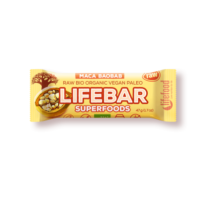 Plus baton cu fructe maca si baobab raw, eco, 47g, Lifebar 1