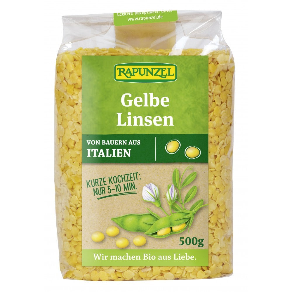 Linte galbenă bio 500g Rapunzel în ambalaj transparent cu etichetă verde.