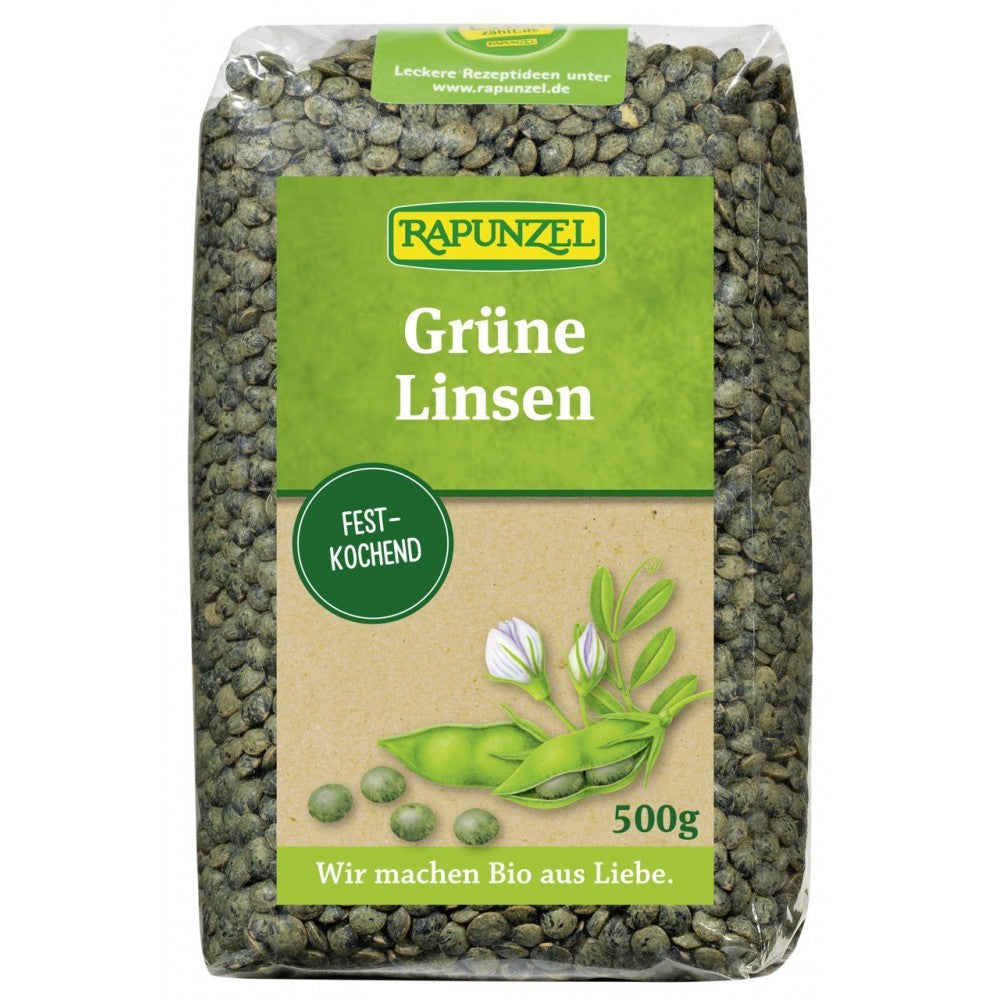 Linte verde bio 500g Rapunzel, ambalaj transparent, etichetă verde.