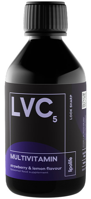 Lipolife LVC5 Multivitamin 240ml, sticlă neagră, etichetă mov și albă, supliment lipozomal.