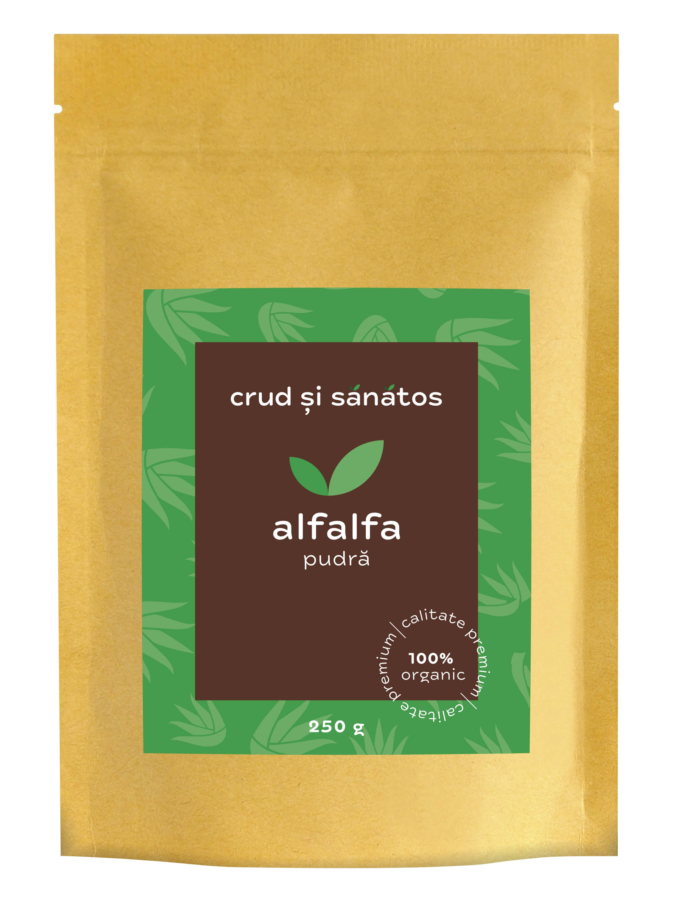 Pudră de lucernă bio, pachet kraft, etichetă verde și maro, 250g.