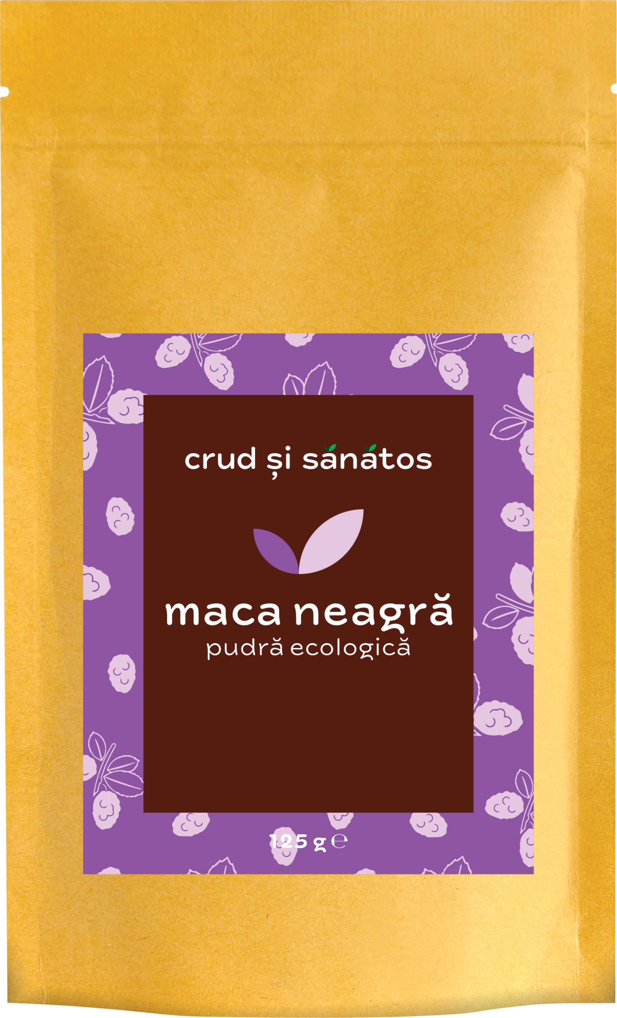 Maca neagră bio, pudră ecologică, 125g, ambalaj galben cu etichetă mov.
