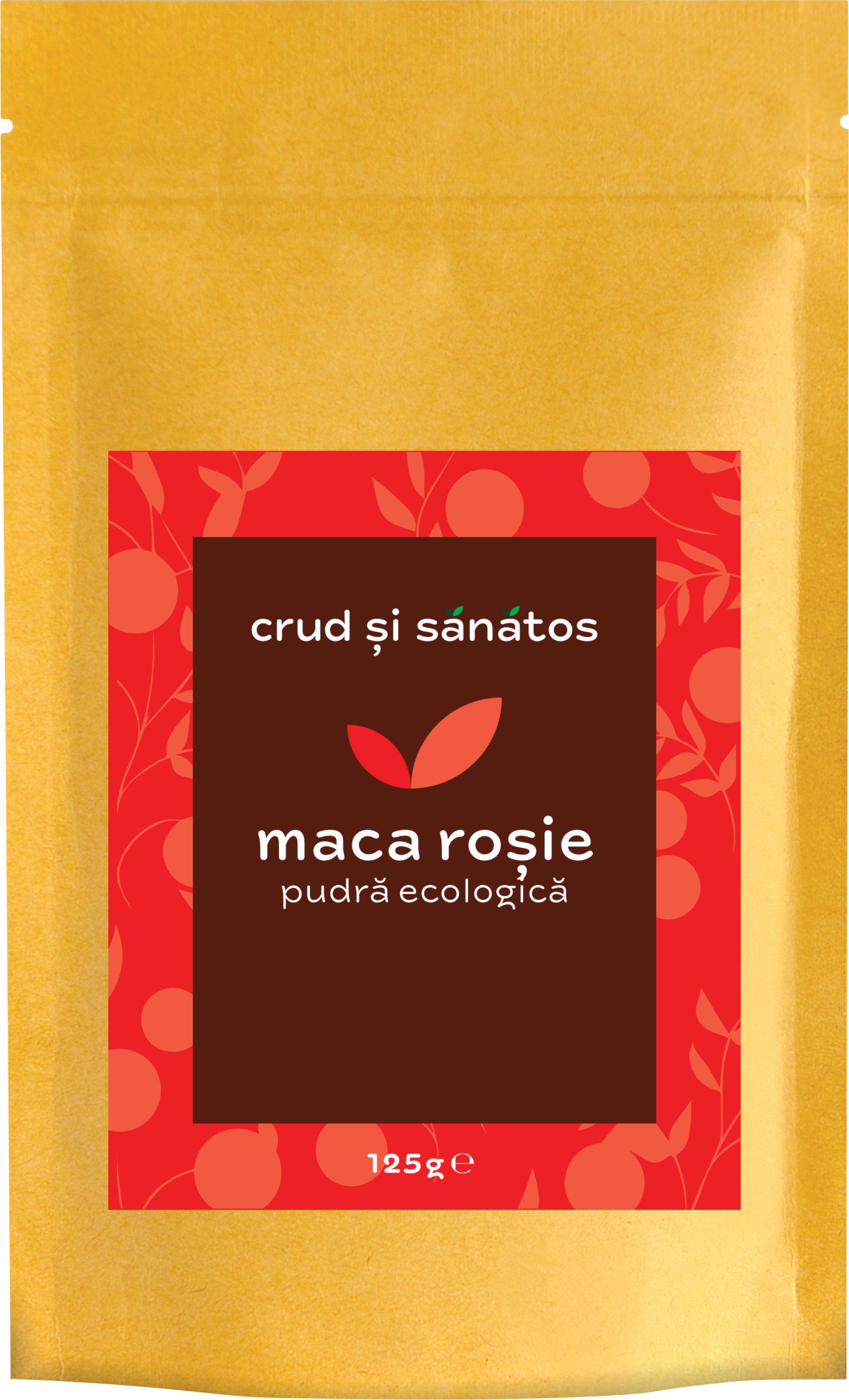 Maca roșie bio, pudră ecologică, ambalaj galben 125g.