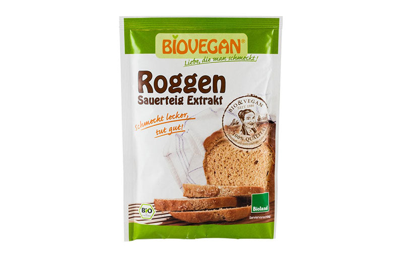 Maia din extract de secară bio 30g Biovegan, ambalaj verde, imagine pâine feliată.