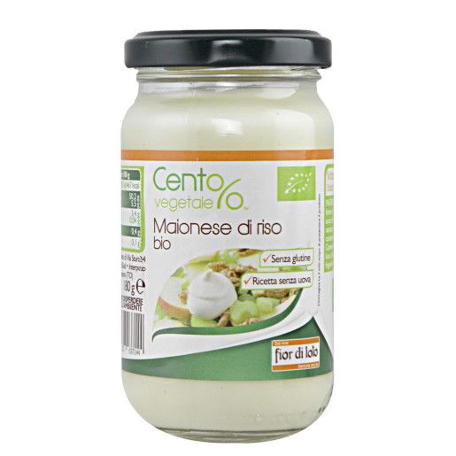 Borcan maioneză bio vegană orez Fior di Loto 180g, fără gluten, capac negru.