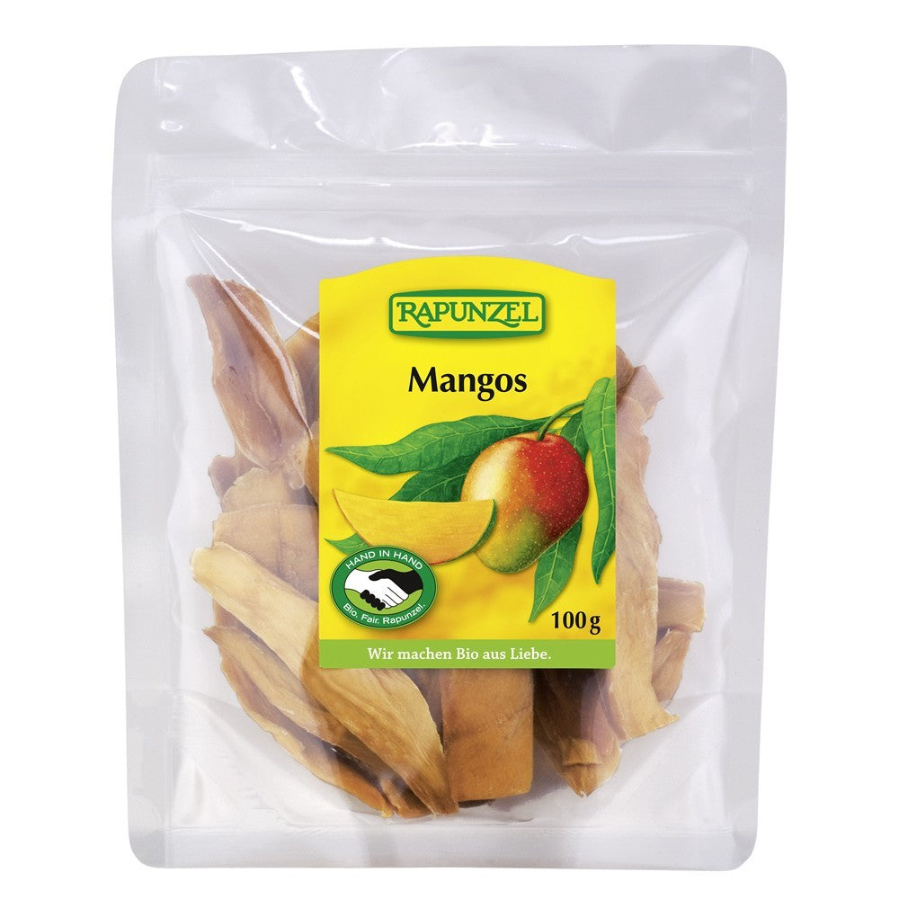 Mango bio uscat Rapunzel, 100g, ambalaj transparent, etichetă galbenă.