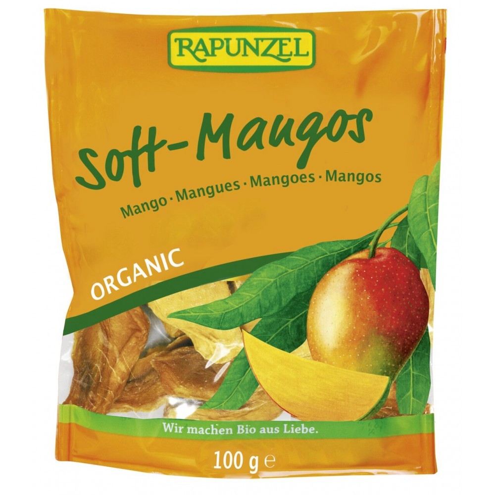 Mango ecologic soft 100g Rapunzel, ambalaj galben cu verde, imagine fruct și felie mango.
