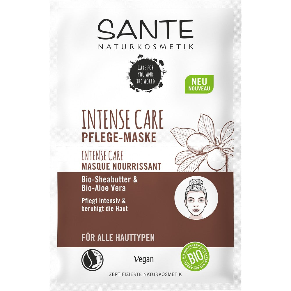 Masca de față Sante Intense Care cu unt de shea bio și aloe vera, 2x4ml, vegană.
