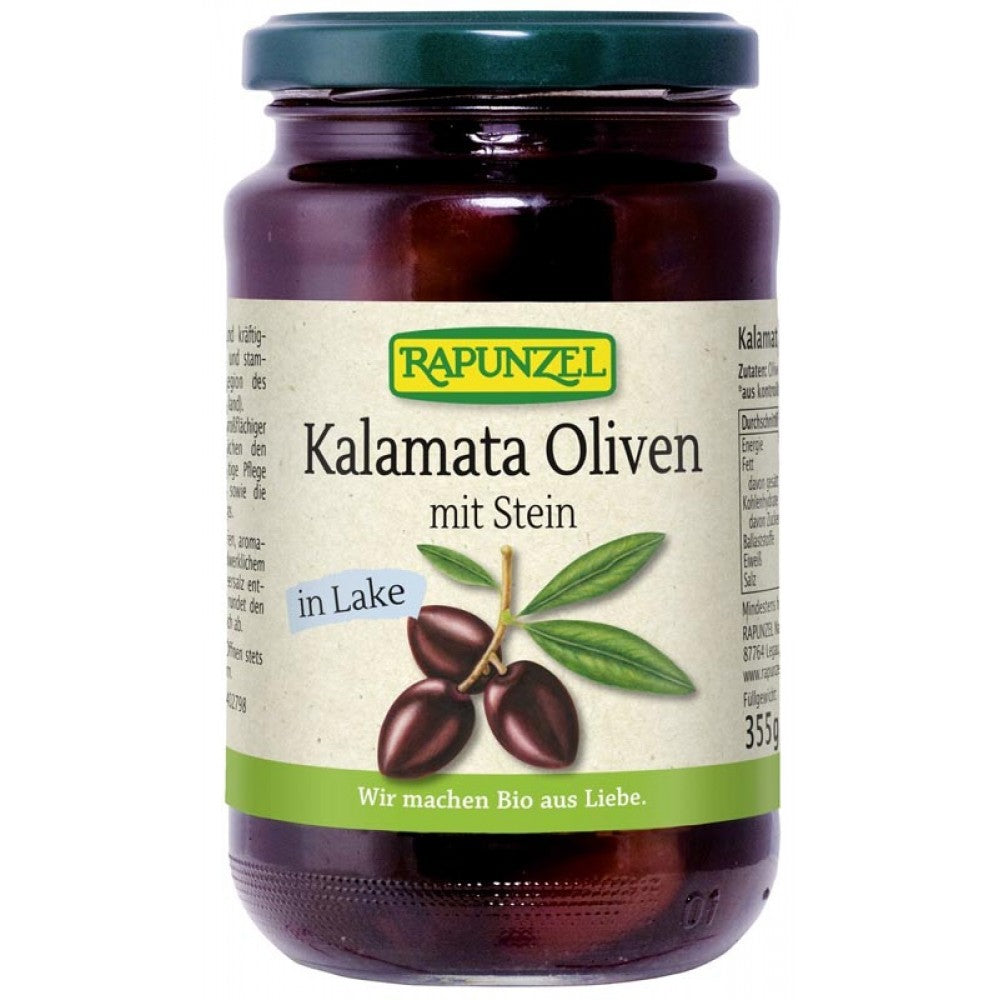 Masline bio Kalamata cu samburi Rapunzel 335g borcan etichetat verde