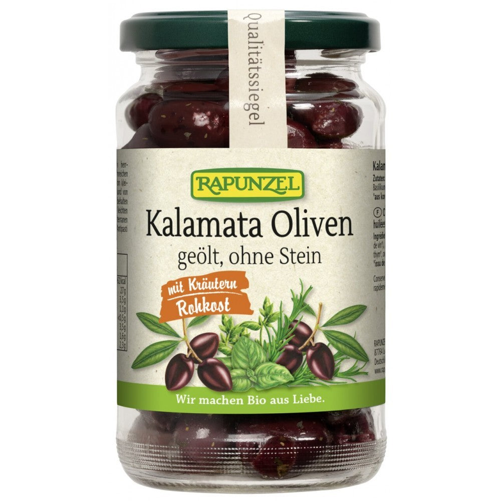 Măsline Kalamata cu ierburi Rapunzel, borcan 170g, etichetă cu logo verde.