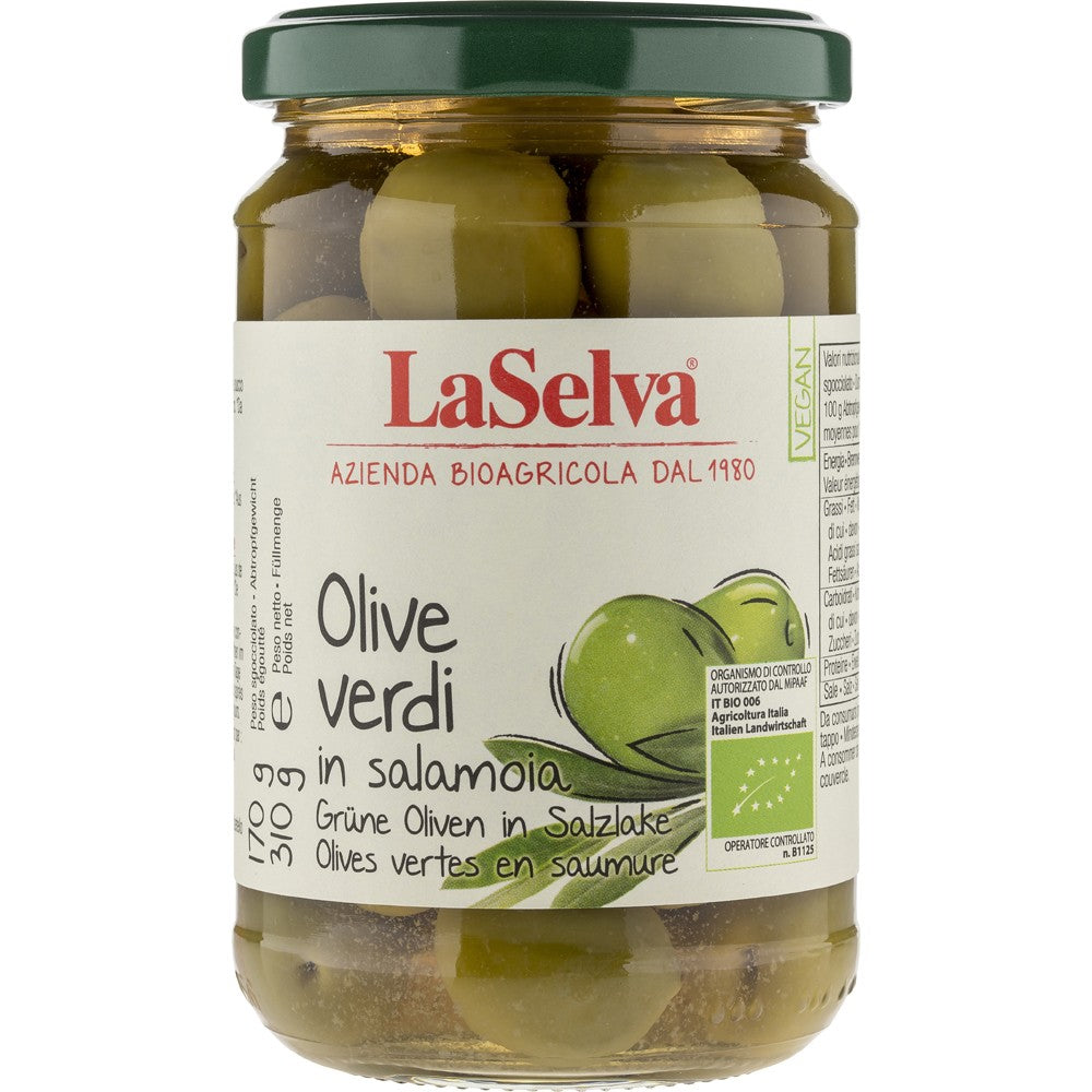 Masline verzi bio cu samburi in saramura, laselva