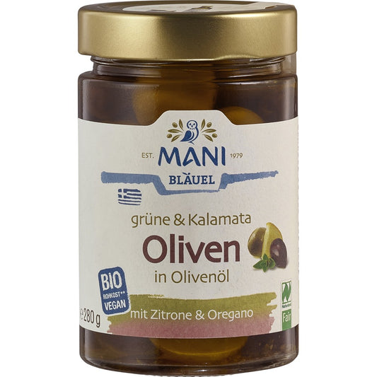 Masline verzi si Kalamata in ulei cu lamaie si oregano 280g Mani