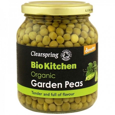 Mazăre verde Clearspring Bio Kitchen, 350g, în borcan de sticlă, etichetă neagră, produs ecologic Demeter.