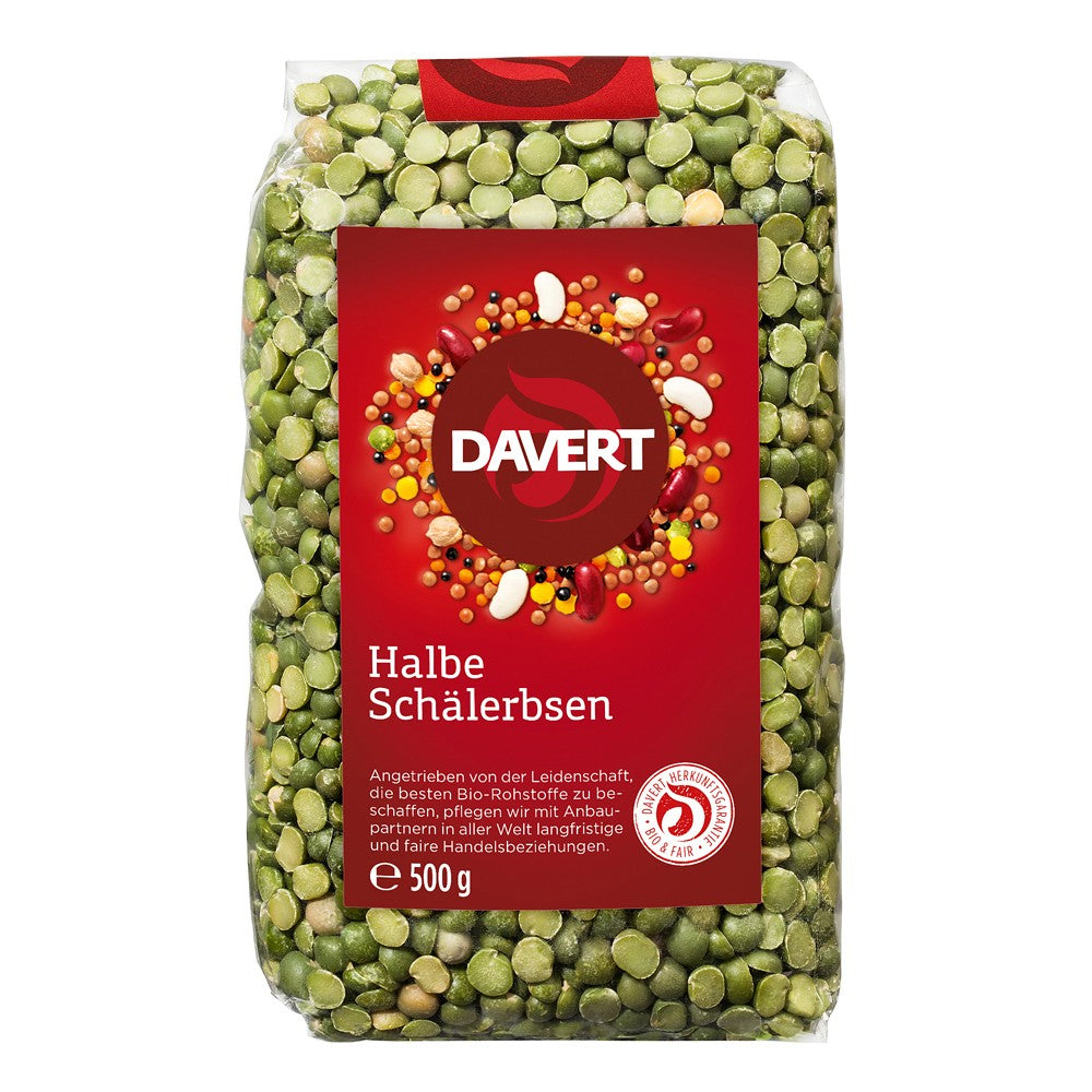 Mazare verde jumatati 500g Davert, pachet bio, etichetă roșie, leguminoase tăiate, ambalaj transparent.