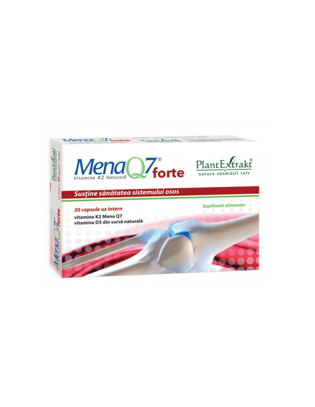 MenaQ7 Forte, vitamina K2 naturală, 30 capsule PlantExtrakt, cutie albă și roșie.