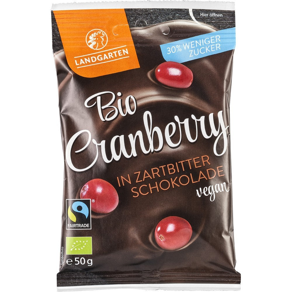 Merisoare bio Landgarten în ciocolată neagră amară, ambalaj 50g vegan.