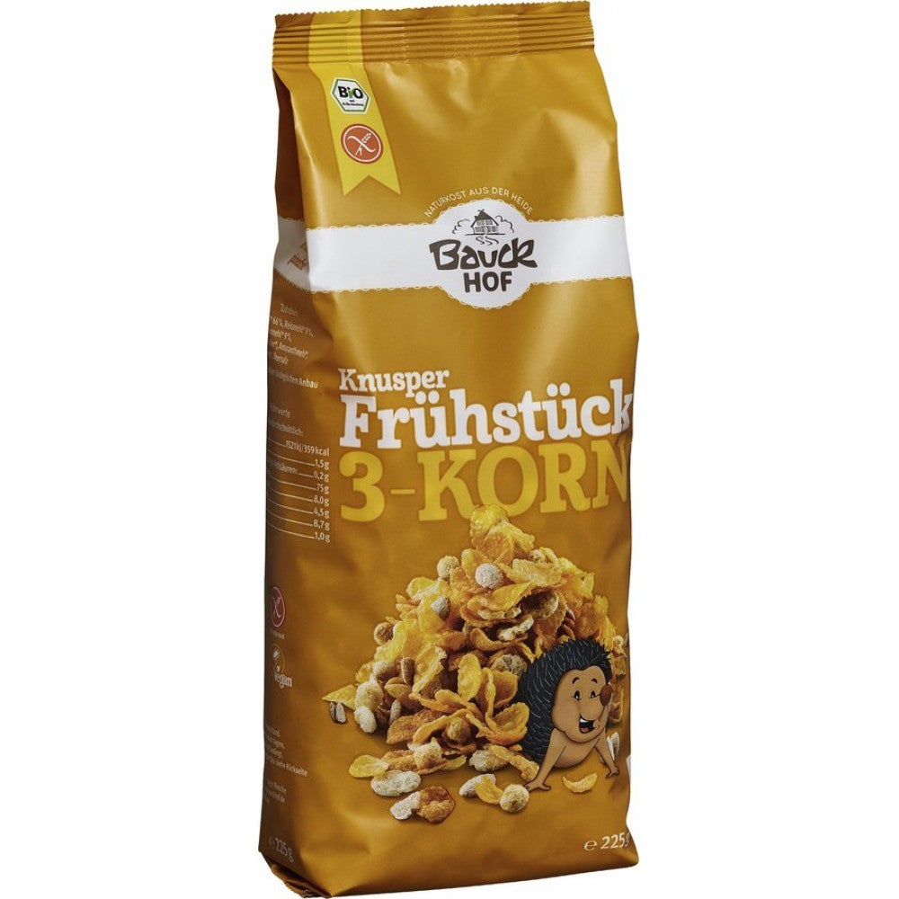 Mic dejun crocant cu 3 cereale fără gluten, ambalaj maro, 225g, Bauck Hof.