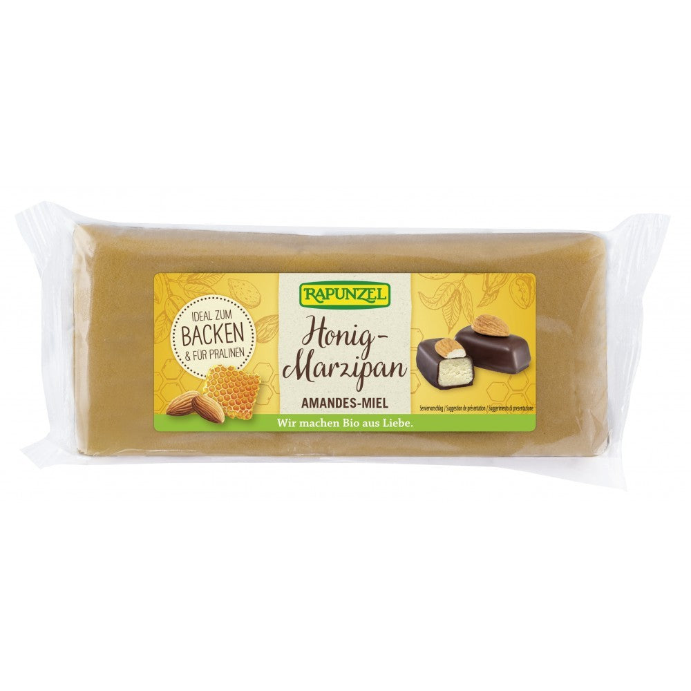 Miere martipan bio Rapunzel 250g, ambalaj auriu, etichetă verde și galbenă.