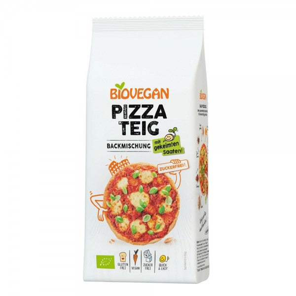 Mix de aluat de pizza fără gluten Biovegan 300g, ambalaj alb cu imagine pizza.