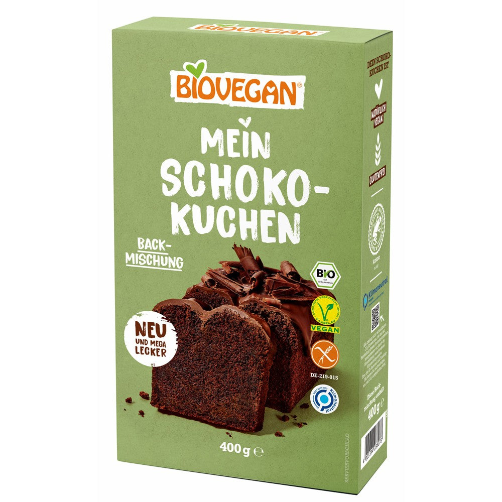 Mix pentru chec cu ciocolată Biovegan 400g, ambalaj verde, fără gluten și vegan.