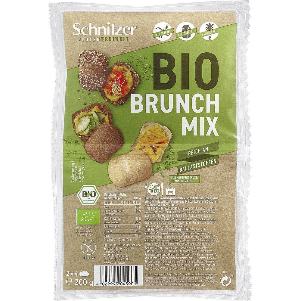Mix de chifle bio fără gluten Schnitzer, ambalaj 200g cu trei tipuri de chifle, verde și maro.