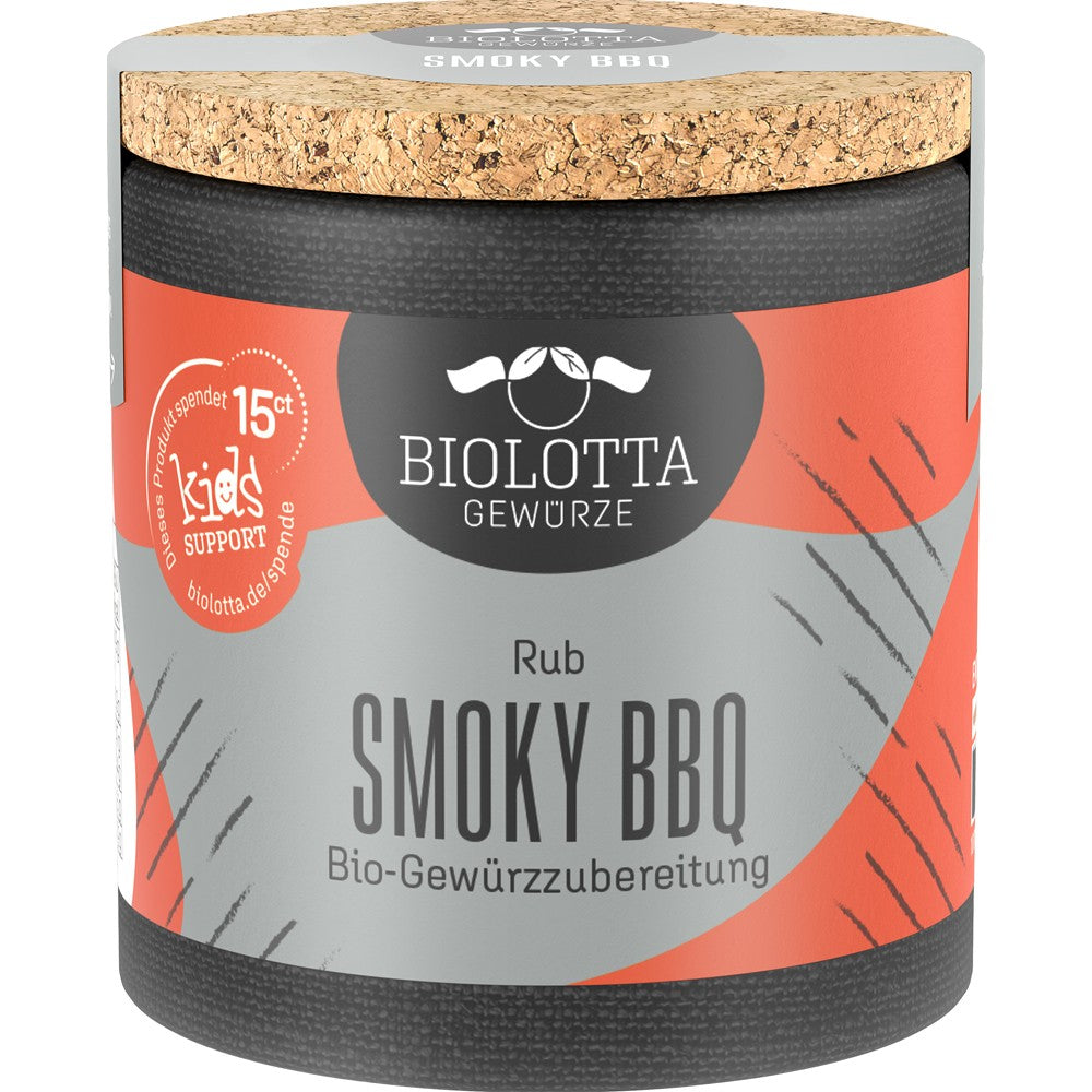 Mix de condimente Smoky BBQ Rub într-o cutie de carton cu capac de plută și grafică roșu-portocaliu.