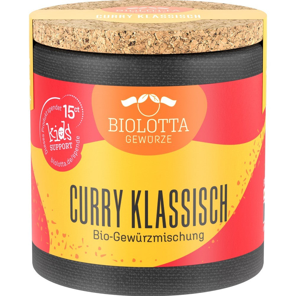 Mix de condimente bio curry clasic BioLotta, cutie cilindrică cu capac din plută, etichetă colorată galben-roșu.