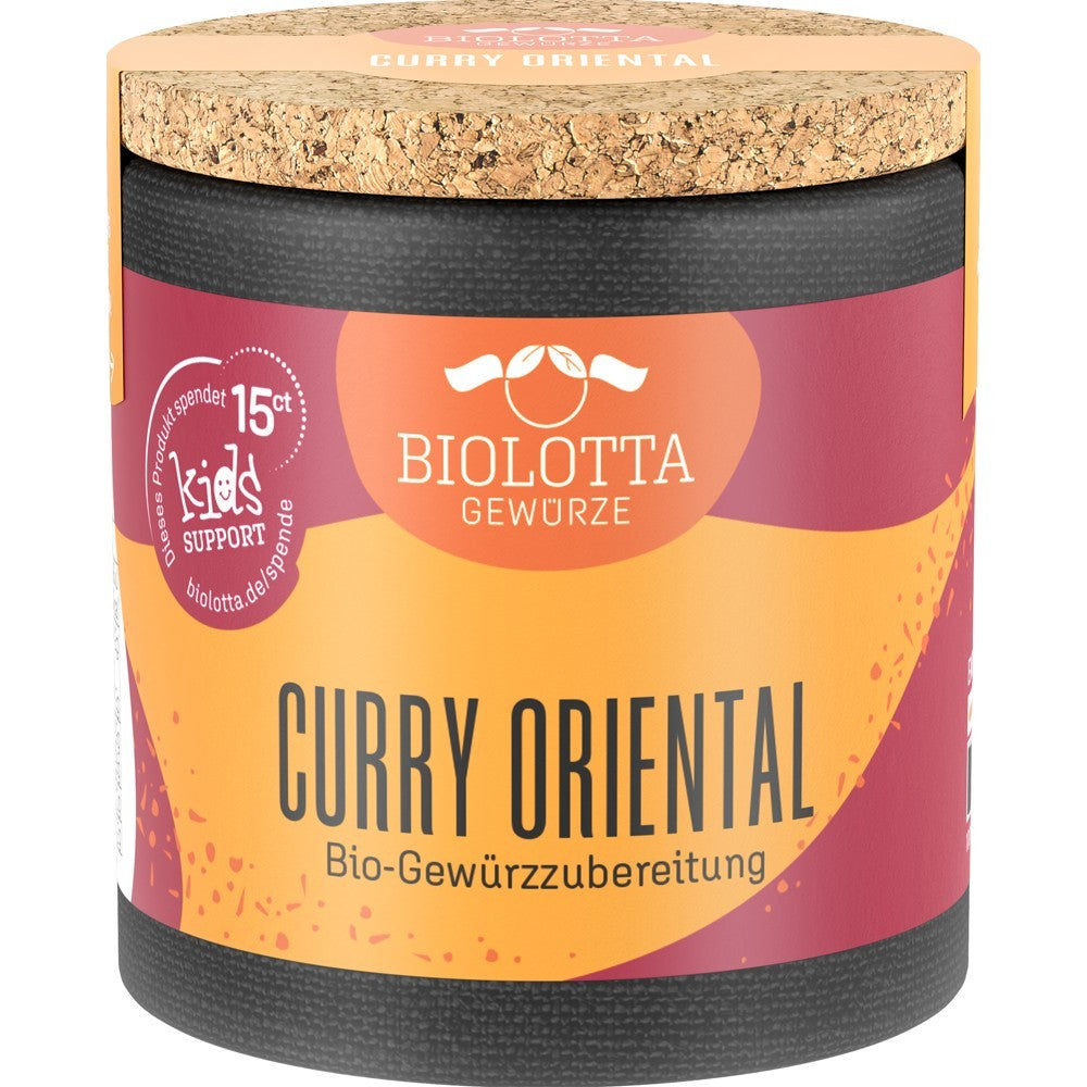 Mix de condimente curry oriental BioLotta 45g, ambalaj colorat cu capac de plută.