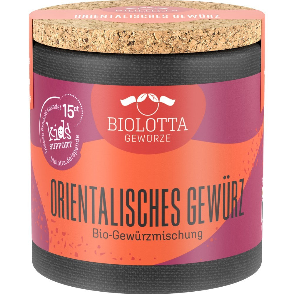 Mix de condimente orientale BioLotta 45g, ambalaj colorat mov și portocaliu, capac din plută.