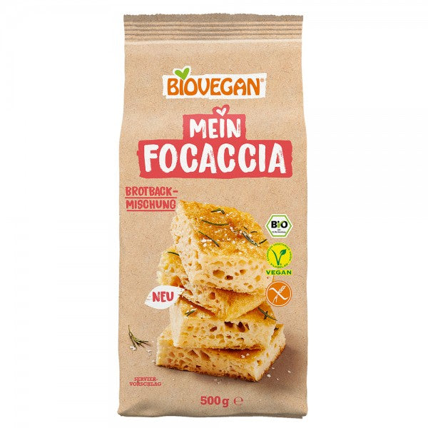 Mix de făină bio pentru focaccia fără gluten, ambalaj kraft, etichete bio și vegan, 500g