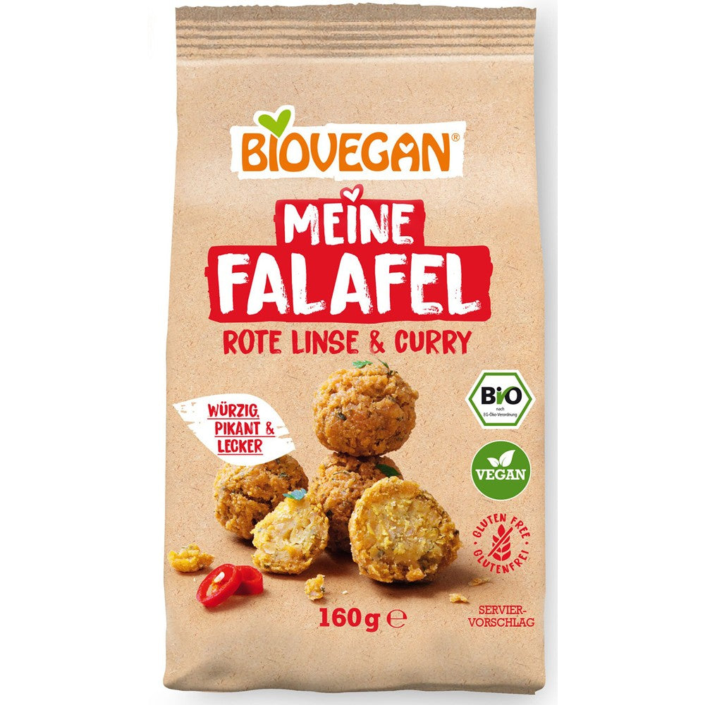 Mix falafel vegan cu linte roșie și curry, fără gluten, 160g, Biovegan, ambalaj kraft.