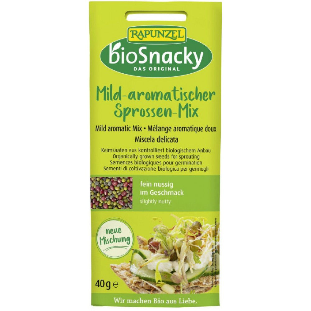 Mix de semințe aromate BioSnacky Rapunzel, pachet verde 40g, tonuri de nucă, pentru germinat.