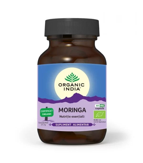 Supliment Moringa Organic India 60 capsule, recipient plastic maro cu etichetă albastră și mov.