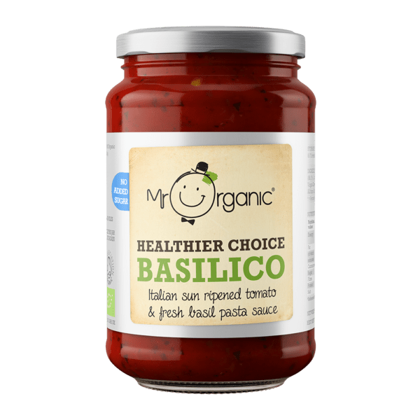 Borcan Mr. Organic sos bio basilico 350g, roșii, busuioc proaspăt, ulei de măsline, etichetă albă.