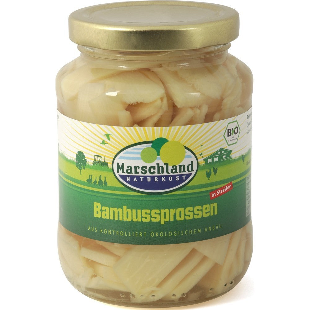 Borcan cu muguri de bambus bio Marschland, 350g, conservat în apă, etichetă verde.