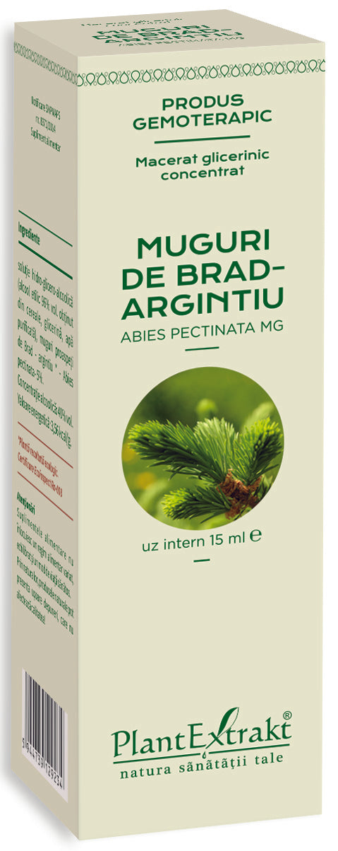Muguri de brad argintiu, flacon 15 ml, ambalaj crem cu text verde, PlantExtrakt.