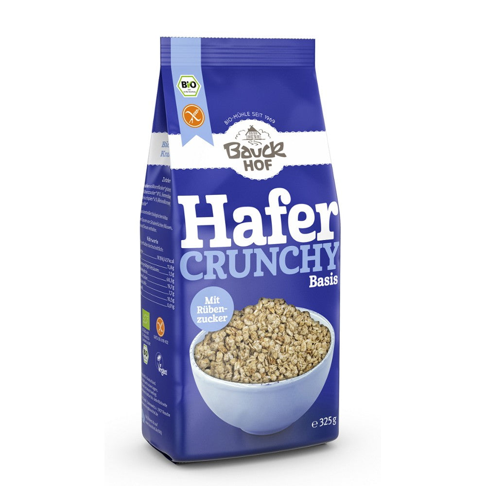 Musli de bază cu ovăz bio crocant fără gluten BauckHof 325g, ambalaj albastru.